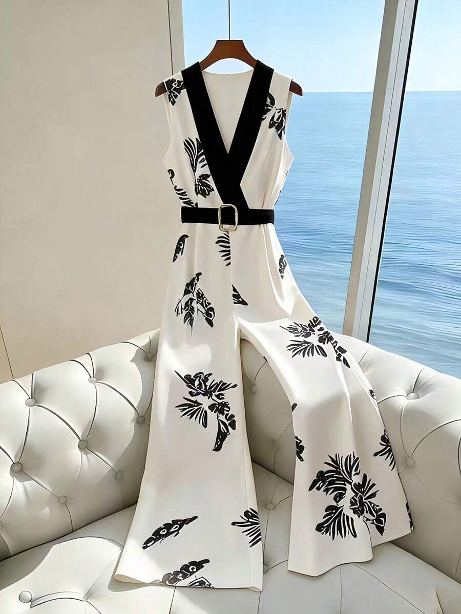 Franclia 女士时尚独特树叶印花撞色拼接无袖阔腿裤，百搭实用，适合春夏穿着 - 杏色 - 查看 1