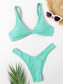 Swim Basics Women's Solid Color Casual Bikini And Triangle Panty Swimwear Set - Mint Green - View 5