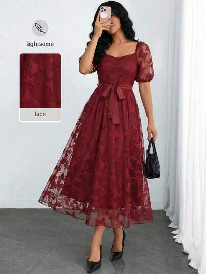 Modelyn Women's Red Short Sleeve Lace Cinched Waist A-Line Elegant Romantic Dress, Spring/Summer Midi Dress Summer Elegant Dress Spring Outfit Women Elegant Party Dresses Fores For Women Vacation Outfits Women  Casual Dresses For Women St Patrick's Day Women Going Outoutfits Spring Outfit Women Lace Elegant Dress Sweetheart Neck Puff Sleeve Dress Spring Romantic Lace Dress Sheer Tulle Butterfly Print Dress Global Modest Fashion Dress Spring Break Outfit Dress Middle Eastern Modest Wear Butterfly Embroid