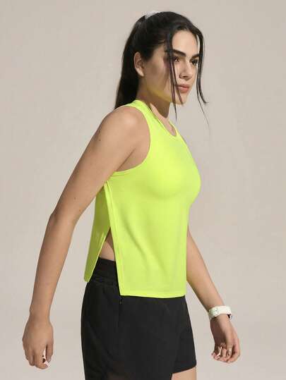 Exploreva 女士新款户外运动无袖荧光黄绿色开衩下摆背心