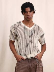 SUMWON Men Boxy Fit V Neck Tie Dye Knit Short Sleeve Openwork Top Casual Summer Relaxed Style Lightweight - Apricot - View 1