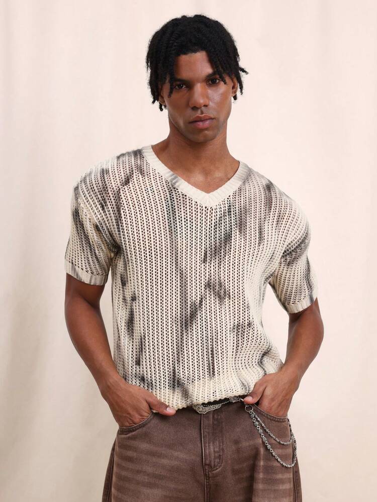 SUMWON Men Boxy Fit V Neck Tie Dye Knit Short Sleeve Openwork Top Casual Summer Relaxed Style Lightweight