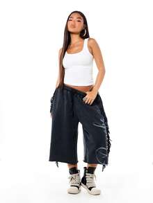 SUMWON WOMEN Womens Washed Denim Wide Leg Bermuda Jorts With Fringe Detail Elastic Waist Casual Summer Shorts - Black - View 3