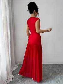 Elenzga Women's Red Summer Elegant Party V-Neck Sleeveless Dress,Side Elastic Ruched Waist Splice Mesh Hem,Sophisticated Formal Occasions Birthday Outfit - Fiery Red - View 2