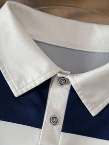 Casual Loose Fit Striped Letter Print Polo Collar Short Sleeve Shirt, Preppy American Style For Teen Boys - Navy Blue - View 6