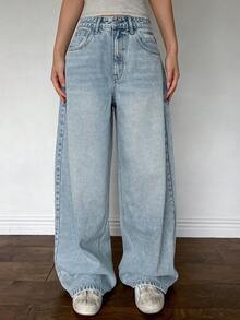Quần jeans nữ ống rộng dáng suông, đa năng, có túi. - Màu xanh lam - Xem 6