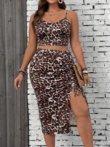 SHEIN VCAY Plus Size Leopard Print Camisole And Slit Skirt 2 Pieces Set - Multicolor - View 1