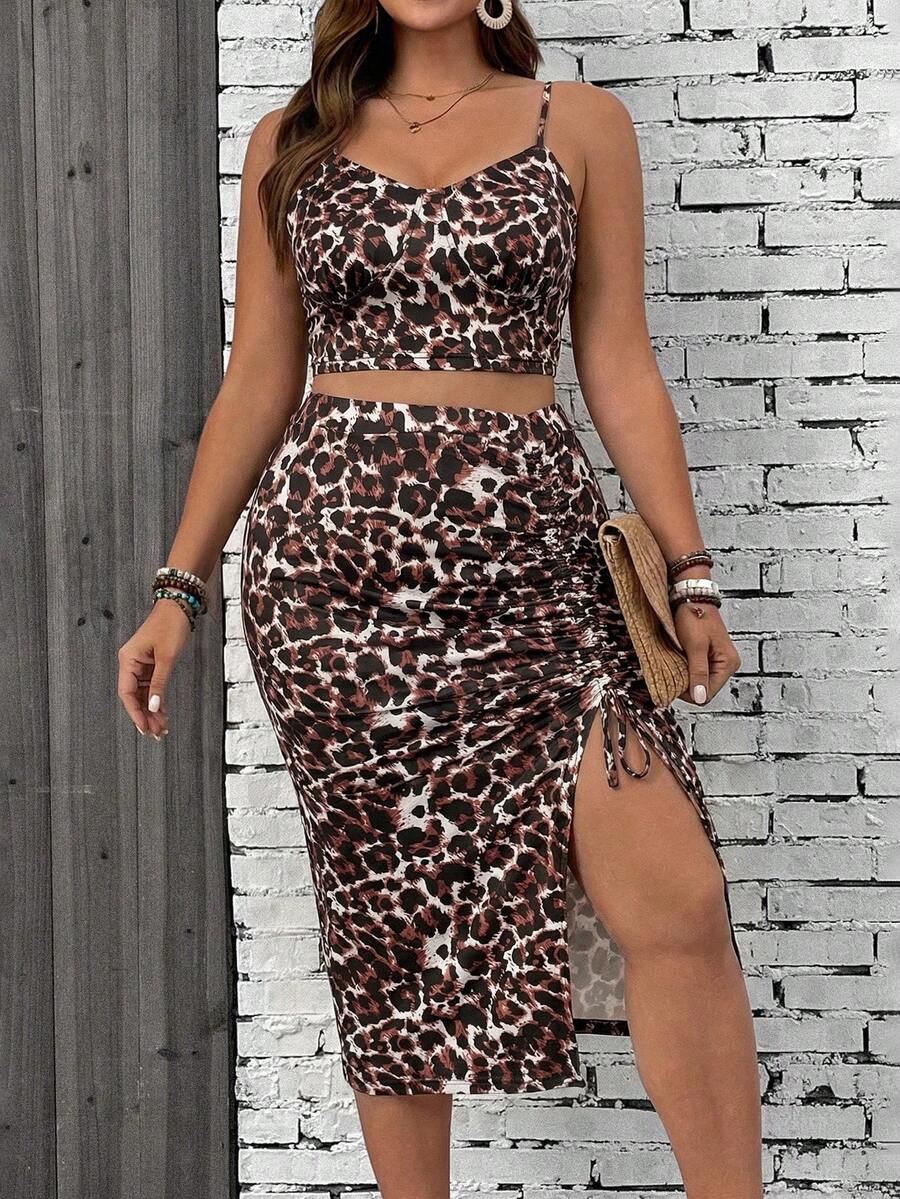 SHEIN VCAY Plus Size Leopard Print Camisole And Slit Skirt 2 Pieces Set - Multicolor - View 1
