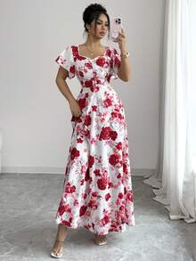 SHEIN Elenzya Đầm maxi tay ngắn xếp ly họa tiết hoa hồng nhỏ xinh cho nữ, kiểu dáng chữ A, thanh lịch, thoải mái, thích hợp cho kỳ nghỉ, đi làm, hẹn hò, phong cách Pháp cổ điển, đa năng, màu đỏ trắng nhiều màu, kiểu dáng mới. - Nhiều màu - Xem 5