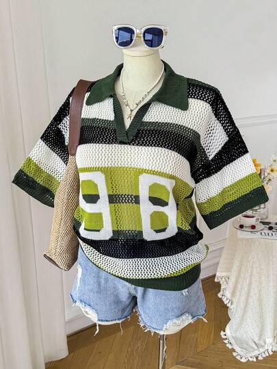 Comfortcana Suéter de punto con bloques de color, rayas y calado para vacaciones en talla grande