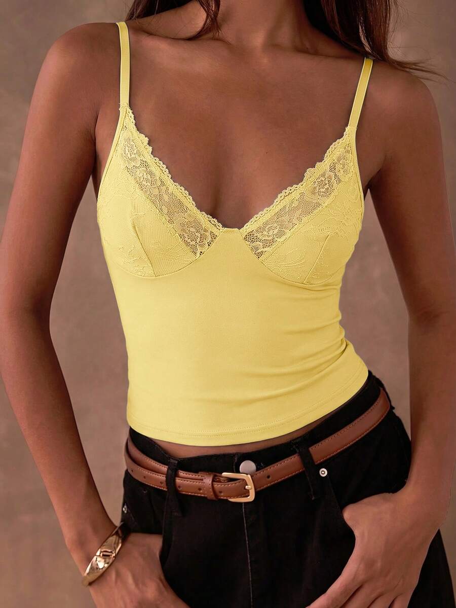 SHEIN BAE 女士纯色蕾丝拼接修身吊带背心 - 黃色 - 查看 1