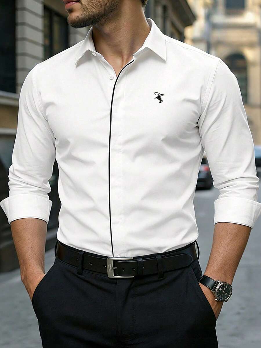 Manfinity Bizformal 男士商务休闲压花面料长袖衬衫，白色商务休闲长袖衬衫，正式场合穿着