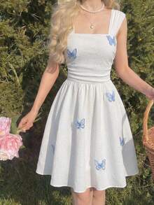 SHEIN 少女提花露背蝴蝶装饰双面吊带裙 - 白色 - 查看 2