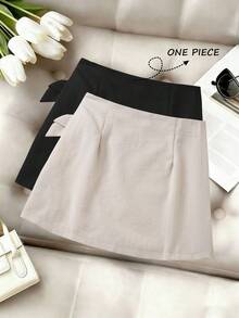 Franclia 女士常规梭织纹理面料半身裙，前中褶皱拼接，系带腰身 - 杏色 - 查看 4