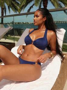 Vaytide Bộ bikini cổ dây xếp nếp màu trơn đi biển mùa hè dành cho nữ - Màu xanh hải quân - Xem 1