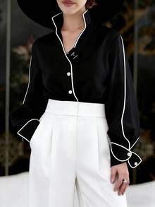 Airaco Camisa casual suelta de mujer con un solo abotonado y elegante ribete - Negro - Ver 4