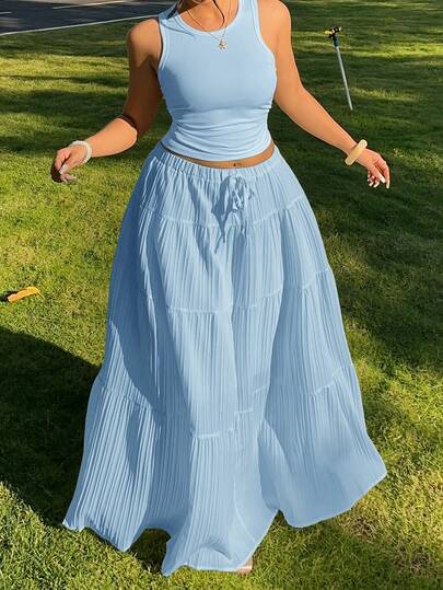 GalTyme Light Blue Round Neck Tank Top And Midi Skirt 2 Pieces Set, Plus Size