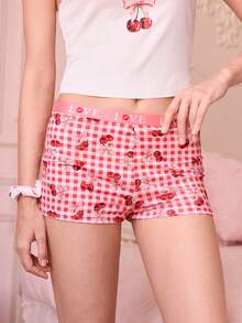 Bonmuse 1 pieza Calzones tipo short con lazo de cereza y estampado a cuadros para niñas jóvenes - Rosa - Ver 4