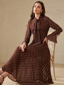 Aveloria Rosie French Retro Elegant Graceful Women Minimalist Versatile Daily Wear Chiffon Contrast Polka Dot Bow Tie Ribbon Flare Sleeve Waist Cinched Flowy Dress - Multicolor - View 3
