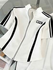 Resyla Collared Raglan Short Sleeve Cardigan Top + Casual Pants Set - White - View 3