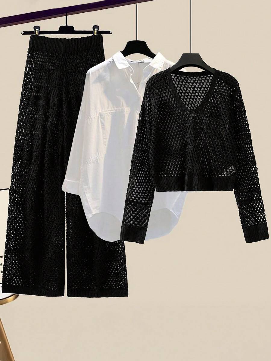 GlowEve Women's Summer Casual Vacation Hollow-Out Knit Sweater And Pants 2 Pieces Set - Black - View 1