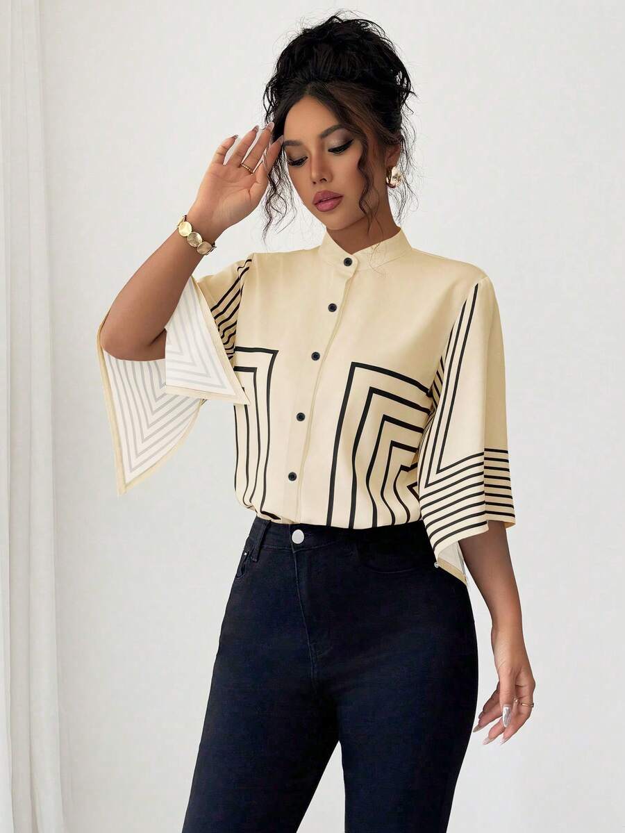 Elenzga Blus Elegan Prancis dengan Kerah Mandarin, Motif Garis Geometris Cetak Digital, Lengan Asimetris, dan Plaket Asimetris untuk Musim Semi/Panas, Cocok untuk Resor. - Aprikot - View 1