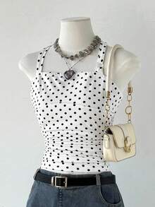 Áo camisole không tay chấm bi thắt nơ chun dành cho nữ tuổi teen, phong cách đường phố mùa xuân và hè, dễ phối đồ, thường ngày, đa năng. - trắng - Xem 5