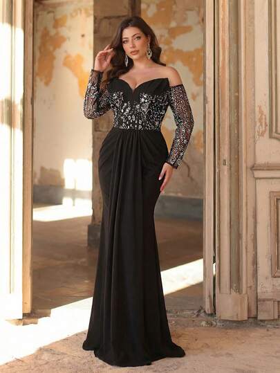 Aureia Plus Size Elegant Romantic Black Off-Shoulder Luxury Beaded Patchwork Knit Fabric Waist Knit Decor Mermaid Hem Dress, Suitable For Wedding, Party, Celebration, Formal Dinner (Intricate Design)