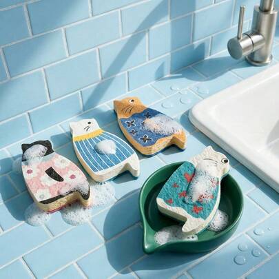 Joivida 1/2/4 件装 4 款猫咪造型清洁海绵，双面可用，可立于水槽旁，优质厨房洗碗海绵，耐刮擦超强吸水海绵，家用清洁用品及工具，新年居家必备