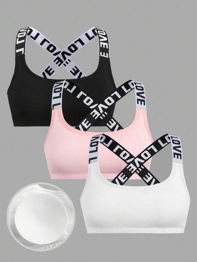 SHEIN Girlism 3件套少女黑色、灰色、粉色字母图案拼接运动文胸