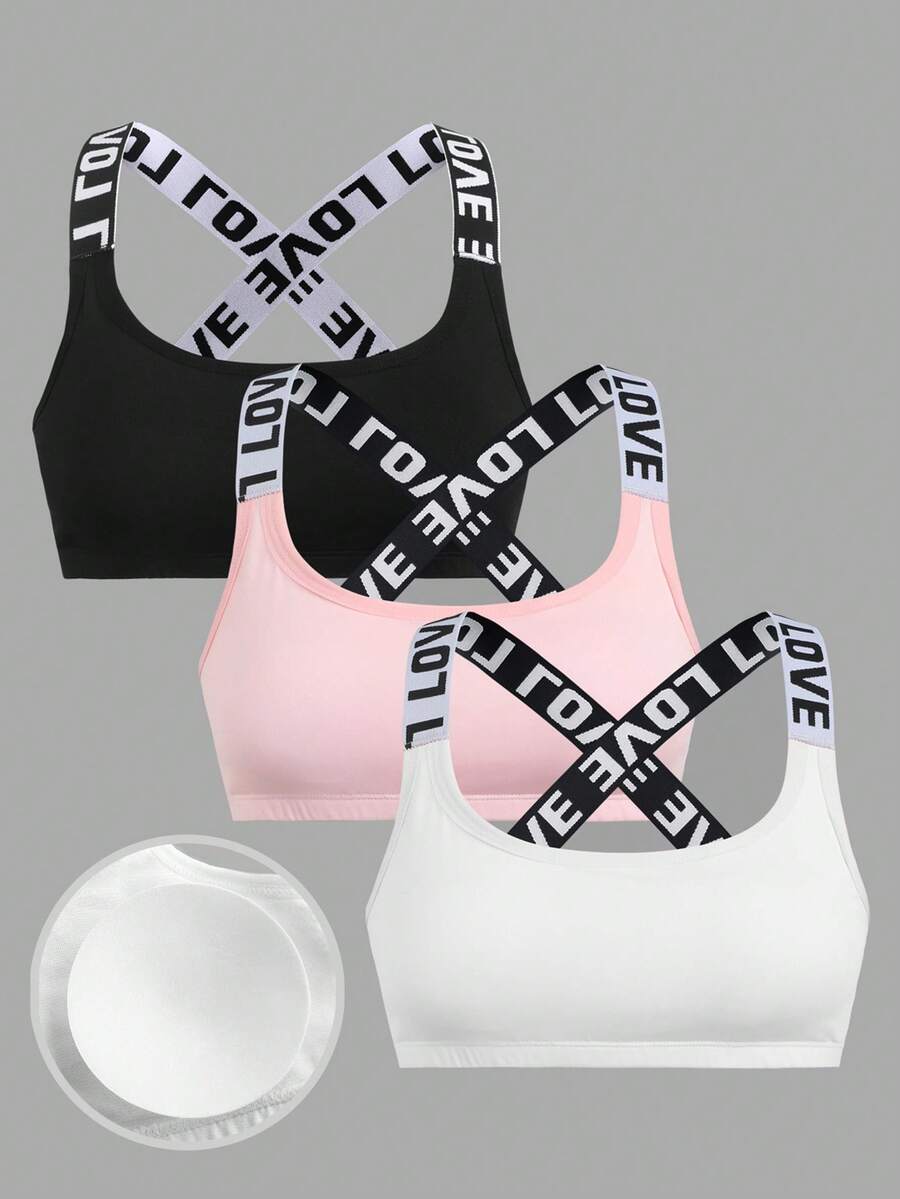 SHEIN Girlism 3pcs/Set Teen Girls' Black, Grey, Pink Letter Graphic Patchwork Sports Bras - Multicolor - View 1