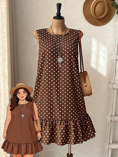 EMERY ROSE Vestido casual sin mangas con volantes y estampado de lunares para mujer de talla grande