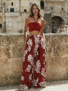 Breezaya Conjunto de 2 piezas de pantalones de pierna ancha con estampado retro, elástico en la cintura y tirantes de cordón para mujer, ideal para vacaciones, estilo casual y elegante - Multicolor - Ver 7