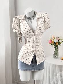 Sweetra 加大码女式杏色复古浪漫休闲学院风波点多功能开襟衬衫，时尚灯笼袖外套，常规款衬衫，适合日常外出和返校季，夏季适合返校季日常外出，适合日常穿着、办公室、度假、生日派对、音乐节、情人节、春夏女装+科切拉音乐节/派对，是度假的理想之选 - 彩色 - 查看 5