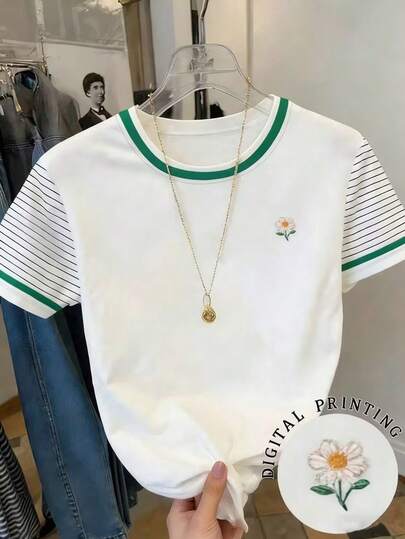 Resyla Camiseta de manga corta casual de mujer con cuello redondo, ribete de contraste y estampado floral para uso diario