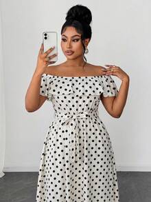 Maweii Plus Size Women's Summer Elegant Black And White Polka Dot Off-Shoulder Ruffle Trim Tie Cinched Waist Long Flared Dress Wedding Guest Vacation Party - Multicolor - View 3