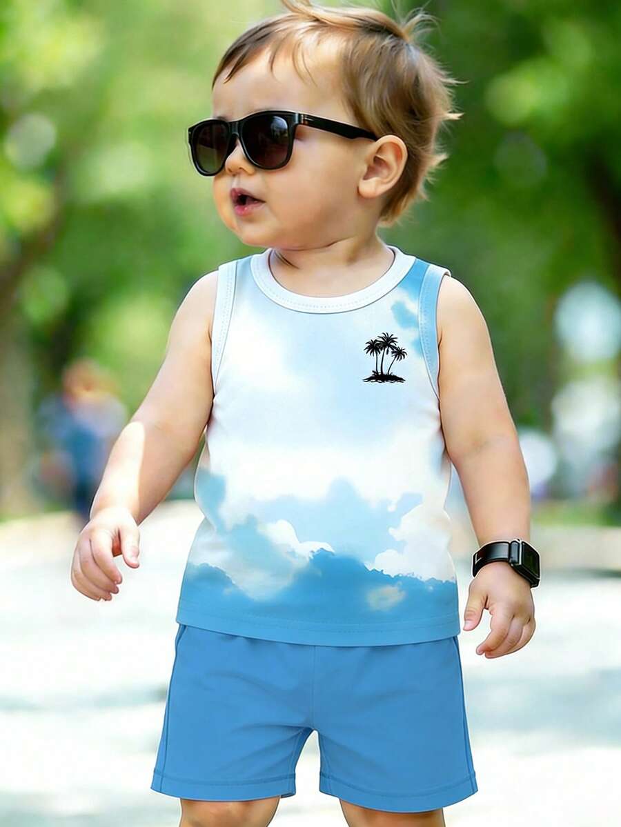 2pcs/Set Baby Boy Casual Tropical Holiday Coconut Tree Print Vest Top And Leaf Print Shorts Set Suitable For Outdoor Summer Vacation Baby Blue - Multicolor - View 1