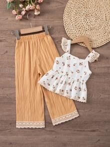 SHEIN Vintaside Kids Young Girl Vacation Casual Heart Print Lace Patchwork Top And Pants 2-Piece Set - Apricot - View 2