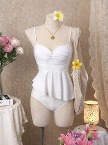 Vaytide 夏季海灘不對稱紋路荷葉邊背心上衣和打結側面泳裝底部套裝 - 白色 - 查看 5