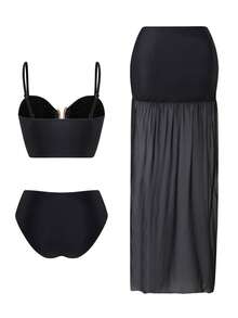 Swim Oasis Conjunto de traje de baño de 3 piezas con falda de malla estampada de moda premium para mujer, verano - Multicolor - Ver 2