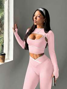SHEIN Sports 3件套女士无缝罗纹运动套装，长袖披肩领上衣，撞色背心，高腰紧身打底裤 - 粉色 - 查看 13