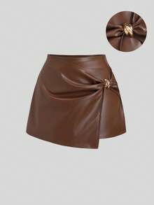 Sweetra 优雅、简约、复古风、精致都市时尚迷你裙，饰有金属扣环，凸显腰线，适合休闲、工作、上学、约会、购物、派对等各种场合，四季皆宜。 - 咖啡棕 - 查看 1