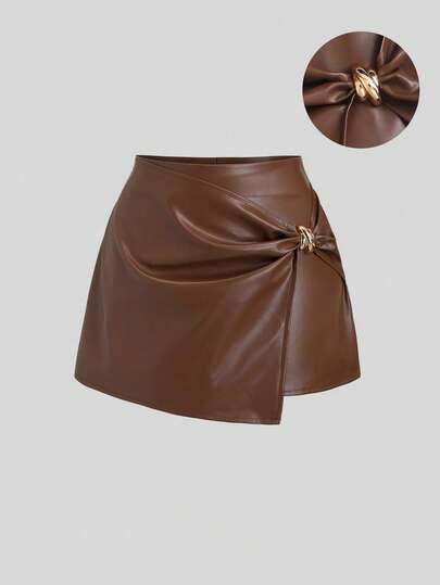 Sweetra Minifalda elegante, minimalista, con inspiración vintage y sofisticada de estilo urbano chic, con acento de hebilla de metal, cintura favorecedora, adecuada para uso casual, trabajo, escuela, citas, compras, fiestas, todas las estaciones