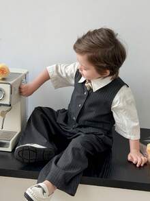 Dazy Kids Bộ 2 món áo ba lỗ kẻ sọc và quần ống rộng cho bé trai. - Xám - Xem 8
