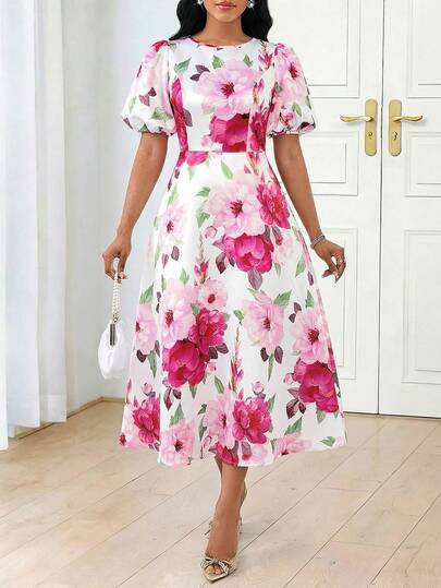 SHEIN Lady 女士优雅纯色泡泡袖连衣裙 春夏优雅长袖A字连衣裙 主教袖 白色婚礼情人节鸡尾酒会加大码连衣裙 演出服 舞会礼服 秋季女装 节日连衣裙 白色连衣裙 希腊女神连衣裙 白色毕业礼服