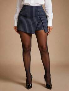 Radiana Women's Casual Commuter Striped Split Hem Shorts, Summer - Navy Blue - View 4