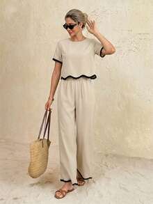 SHEIN Frenchy Bộ đồ 2 món dành cho nữ, kiểu dáng thường ngày, phối áo và quần, thích hợp cho kỳ nghỉ. - Màu be - Xem 3