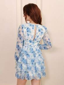 BELROSIE Women's Fashionable Random Printed Long Sleeve Dress Vacation Outfits Woman  - Blue - View 4