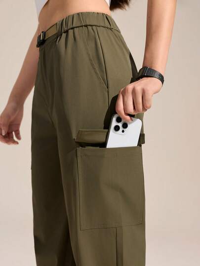 Exploreva Women's Solid Color Casual Cargo Pants, Versatile For Daily Wear, Hiking, Trekking