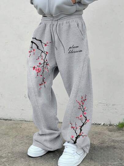 Manfinity EMRG Men's Spring Summer Casual Grey Pink Plum Blossom Cherry Blossom Floral Branch Letter Graphic Print Sweatpants Joggers Vintage Streetwear Japanese Oriental Art Drawstring Elastic Waist Loose Fit Wide Leg Going Out Holiday Vacation Breathable Comfortable Lounge Pants Trousers,Men's Drawstring Waist Sakura Print Sweatpants Men Grey Flared Sweatpants Anime Sweat Pants Cherry Blossom Sweatpants Graphic Sweats Streetwear Sweatpants